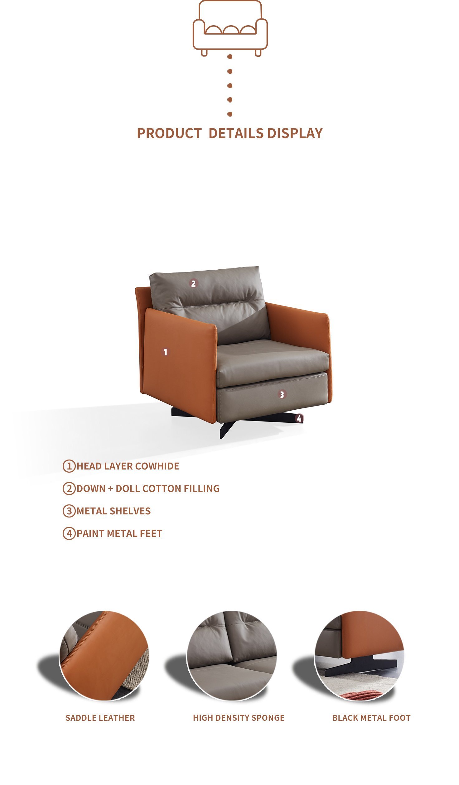 Modern Living Room Single Seater High Quality Nappa Leather Sofa Set