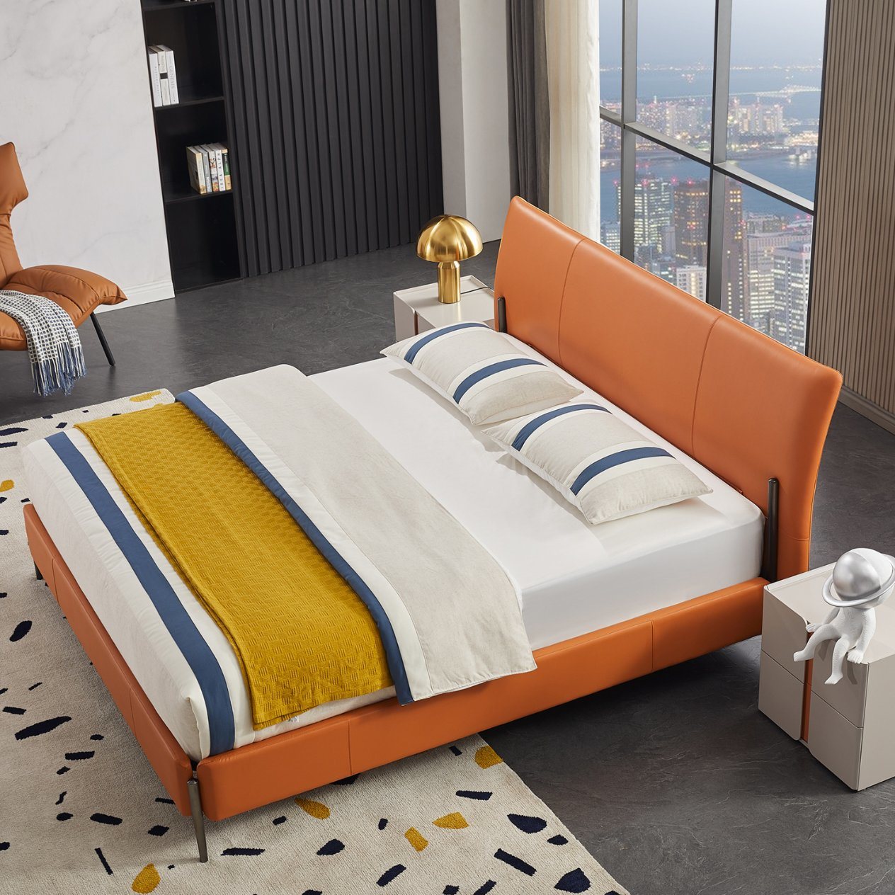 Modern Hotel Wood Frame King Size Bedroom Leather Bed