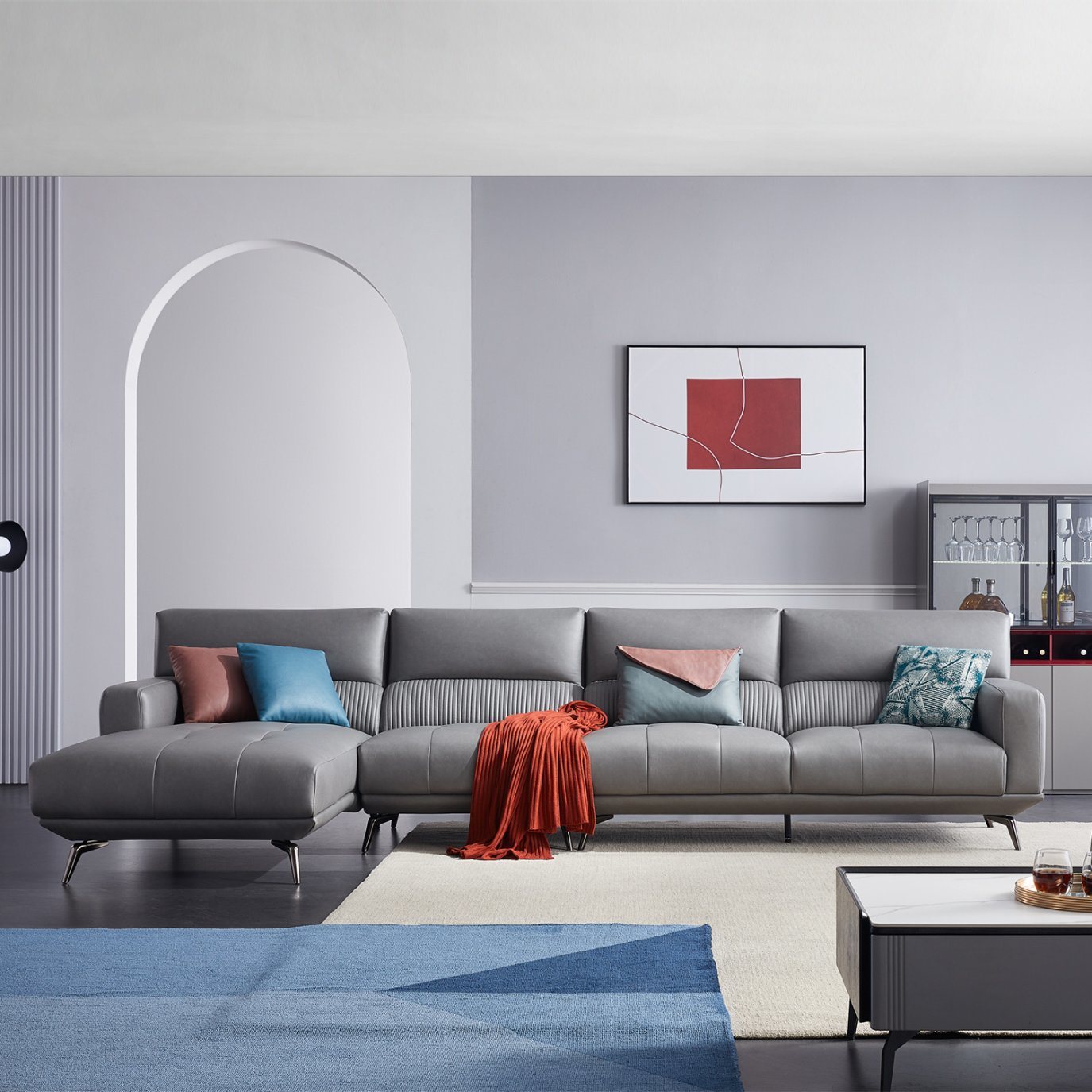 Modern Living Room Three Seaters Leather Sofa
