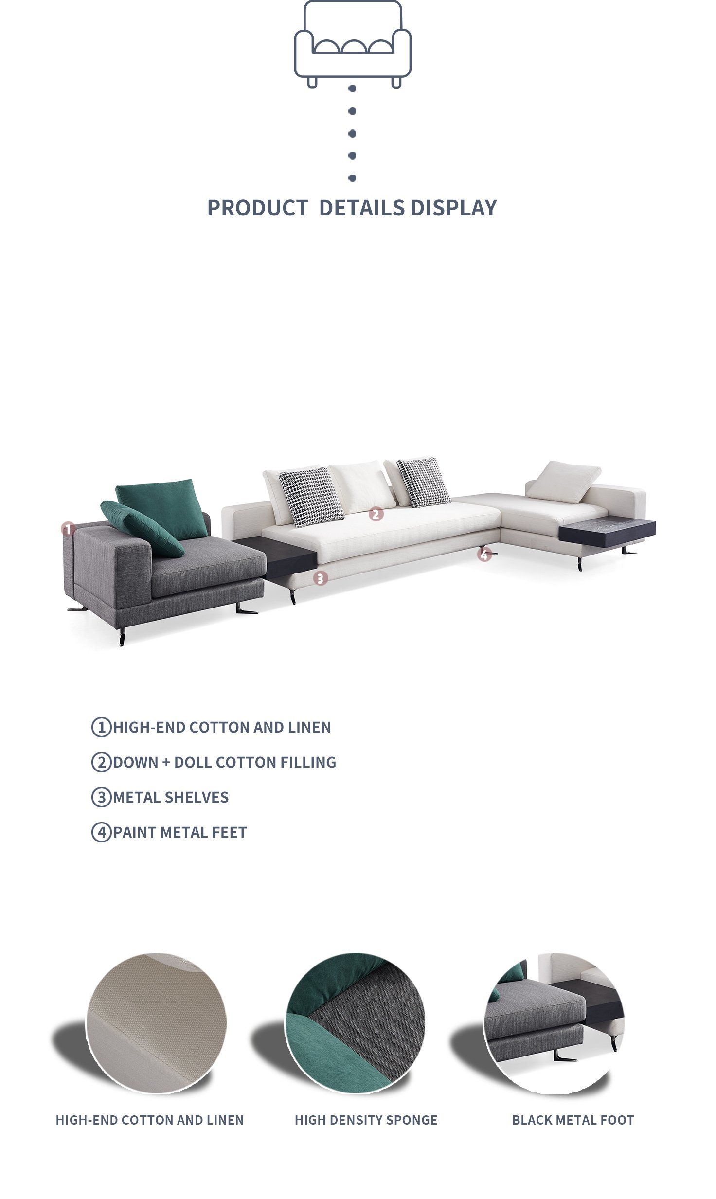 Modern Nordic American Sectional Fabric Sofa