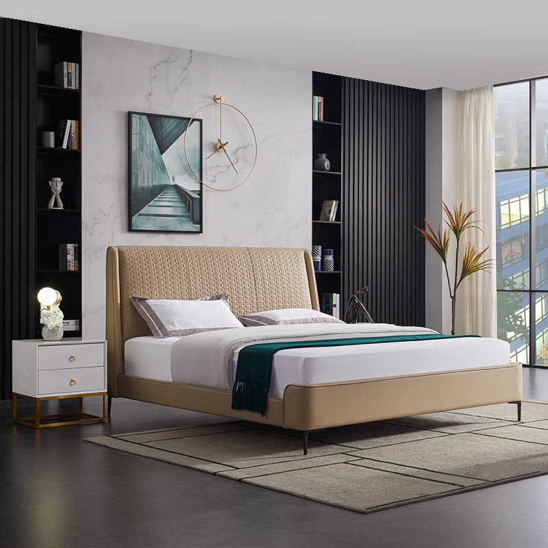 Modern Hotel Wood Frame King Size Bedroom Leather Bed
